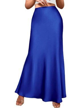 Women's Royal Blue Satin Silk High Waist Flared Pull On Maxi Mermaid Satin Skirt